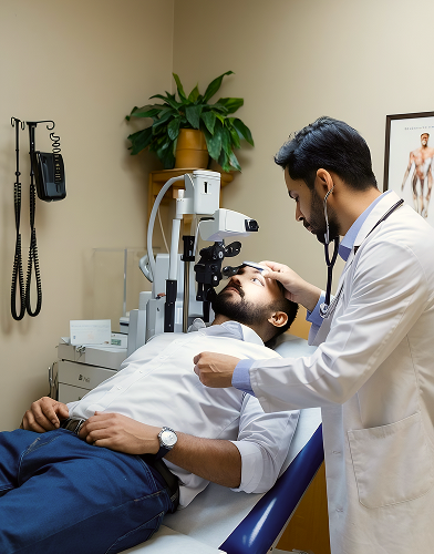 Eye care specialist with patient
